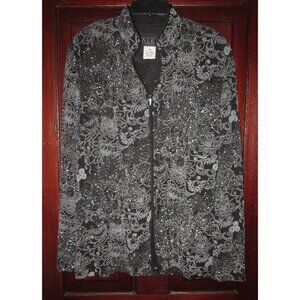 ALEX Evenings Sz 14 Stretch Top Blouse Jacket Zip Sparkles Glitter Floral Black